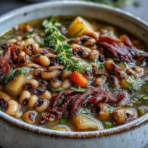 Rich Black-Eyed Pea Stew with Smoked Ham Hocks ladled into a rustic bowl next to a wedge of cornbread.