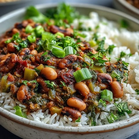 A warm bowl of Vegetarian Hoppin John with fluffy rice and fresh herbs, ready to serve.