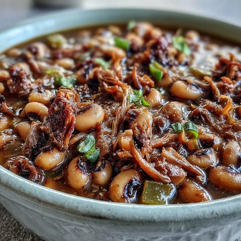Classic New Years Black-Eyed Peas served in a rustic bowl topped with fresh parsley.