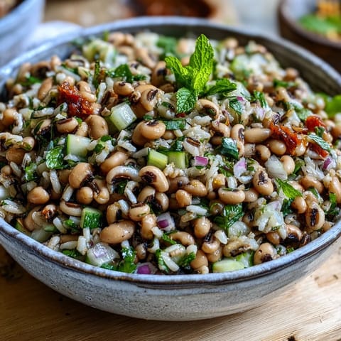 A vibrant Southern Black Eyed Pea Salad featuring black-eyed peas, brown rice, and crisp red onion in a lemon vinaigrette in a rustic white bowl with fresh mint garnish.