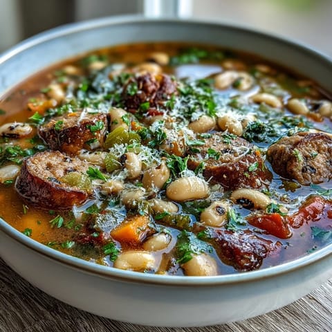 Hearty Black-Eyed Peas and Sausage Soup simmering in a rustic pot with a ladle, steam rising. 