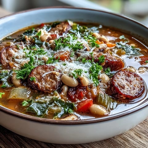 Savory Black-Eyed Peas and Sausage Soup in a white bowl, garnished with fresh parsley and cheese. 