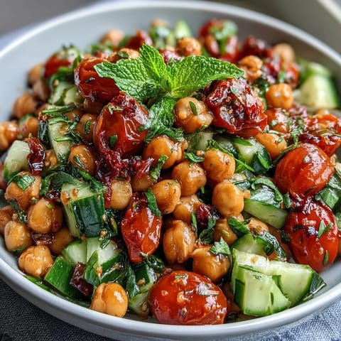 Healthy Easy Cucumber Chickpea Salad with Lemon Vinaigrette: Bright lemon vinaigrette coats fresh cucumber, chickpeas, and herbs in this easy Mediterranean-inspired salad.  
