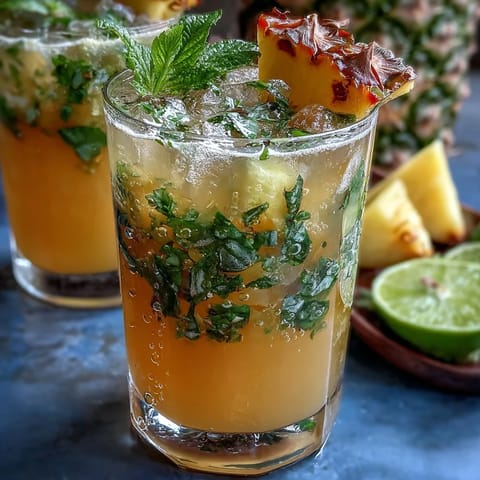 Vibrant pineapple basil agua fresca in a clear glass pitcher, garnished with lime slices and fresh basil leaves.