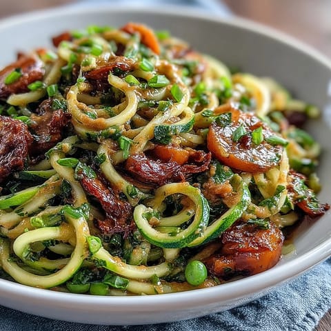 Healthy Easy Zucchini Noodle Stir-Fry with Peanut Sauce in a vibrant bowl, topped with chopped peanuts and cilantro, showcasing fresh vegetables and creamy sauce.
