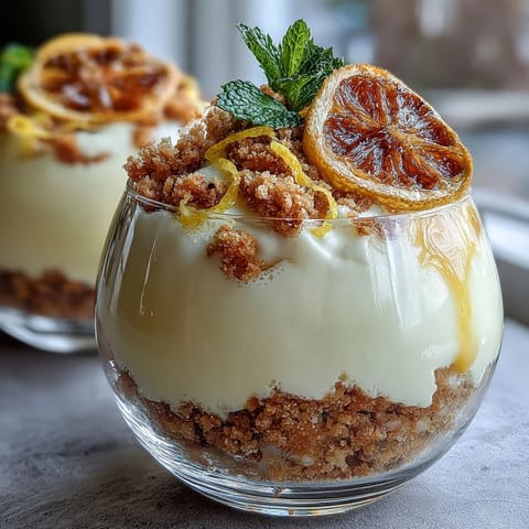 Creamy lemon mousse layered over golden shortbread crumble, garnished with mint and lemon zest curls.  