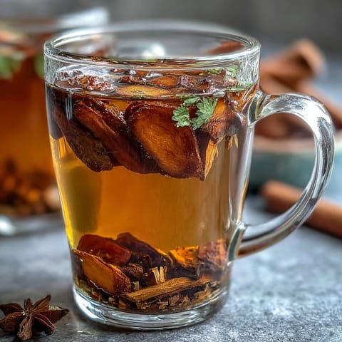 Warm mug of dandelion root tea with ginger and turmeric, garnished with a lemon slice and honey drizzle.