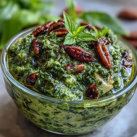 Creamy dandelion pesto with garlic and toasted pine nuts, served on warm pasta for a vibrant springtime meal.