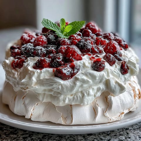 Elegant Mothers Day Pavlova with fresh berries, crisp meringue shell, and whipped cream topping.  