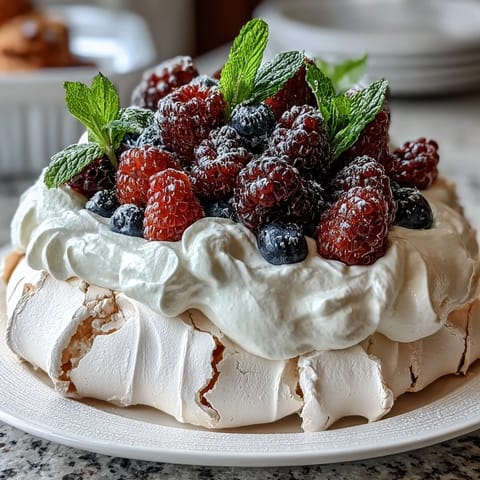 Classic Pavlova dessert with soft marshmallow center, vibrant mixed berries, and delicate powdered sugar dusting.  