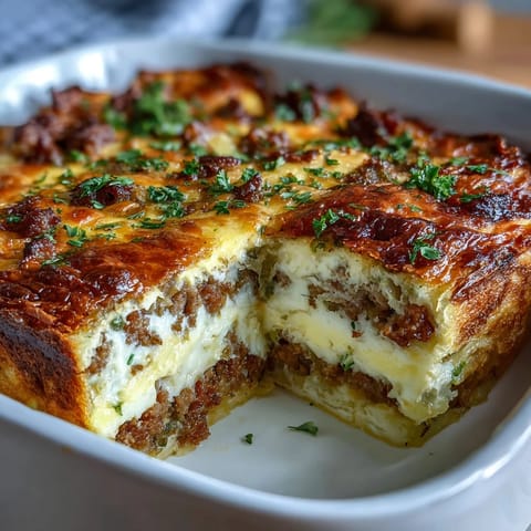 Amish Breakfast Casserole with golden hash browns, eggs, sausage, and melted cheese, baked until bubbly and golden.