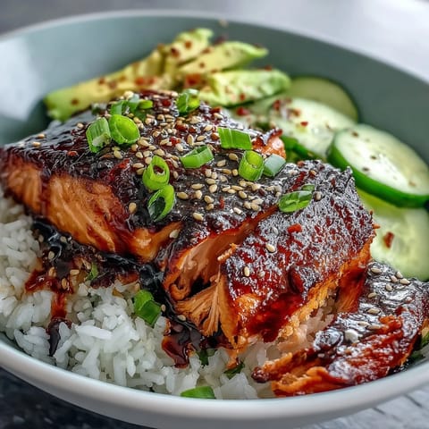 Vibrant teriyaki salmon bowl with glazed fillets, jasmine rice, avocado, cucumber, and sesame seeds, served fresh for a quick summer dinner.