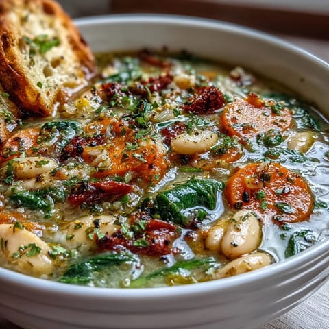 A steaming bowl of Tuscan white bean and spinach soup, filled with tender vegetables and creamy beans in a savory broth.