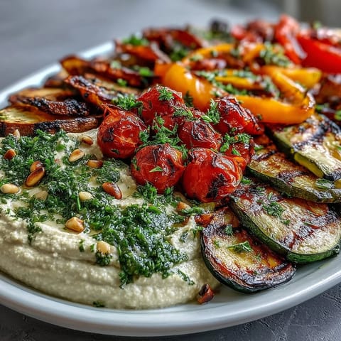 Grilled Veggie Platter with Hummus showcases colorful vegetables charred to perfection, served with creamy, homemade hummus for a healthy, vibrant summer dish.  