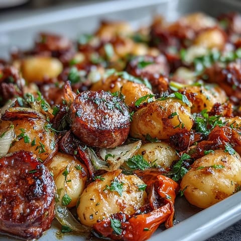 Golden-brown, crispy gnocchi, savory sausage, and vibrant peppers on a sheet pan dinner.