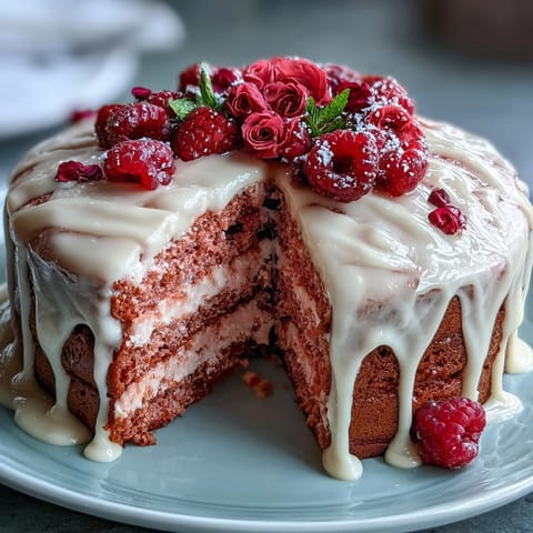 Elegant Rosé Velvet Cake adorned with shimmering gold drip, ready for celebration.