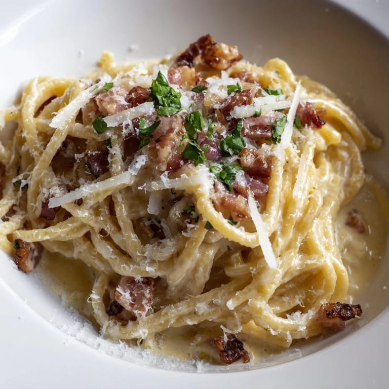 A beautiful plate of the best 15-minute creamy carbonara, coated in a rich, cheesy sauce.