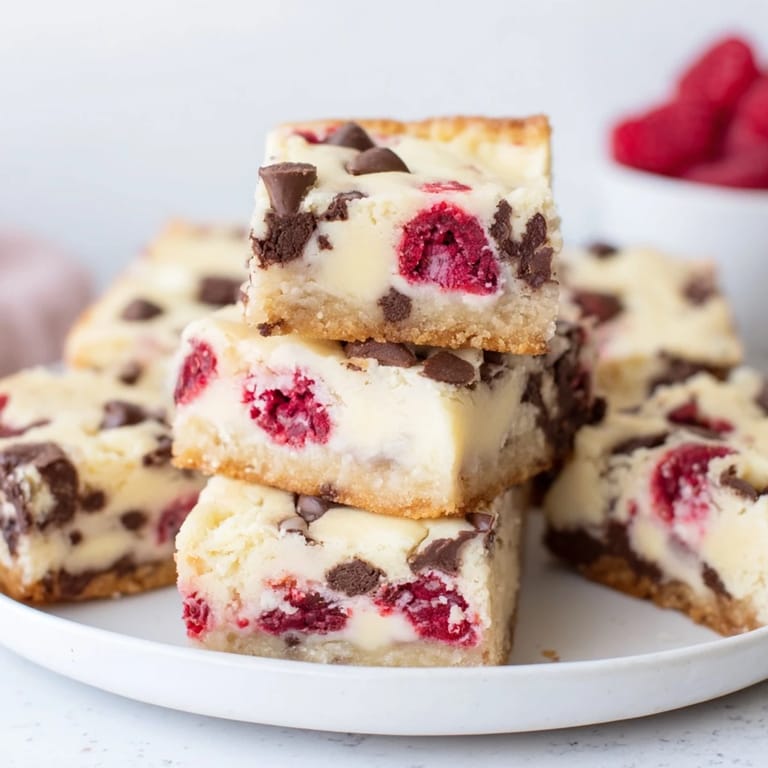 A close-up of buttery, chewy Decadent White Chocolate and Raspberry Blondies, perfect for an indulgent dessert.