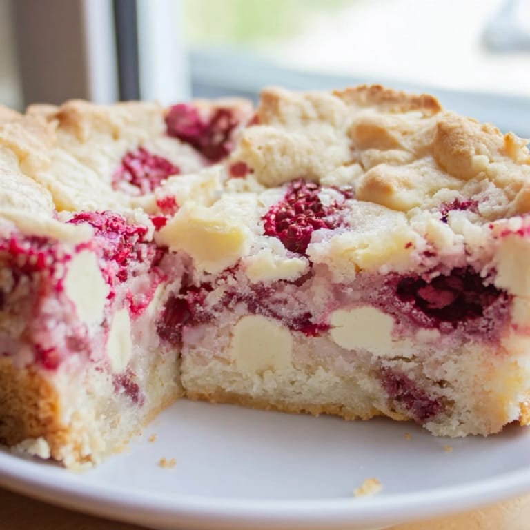 Warm, gooey Decadent White Chocolate and Raspberry Blondies fresh from the oven, ready to be sliced and enjoyed.