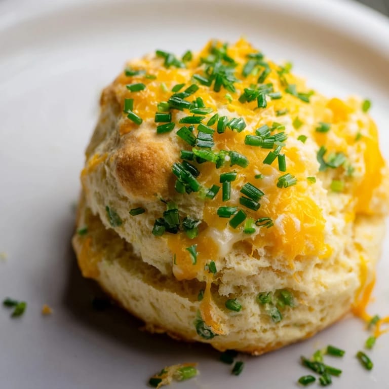 A close-up of fluffy Golden Cheddar and Chive Scones, showing the sharp cheese and chives within the dough.
