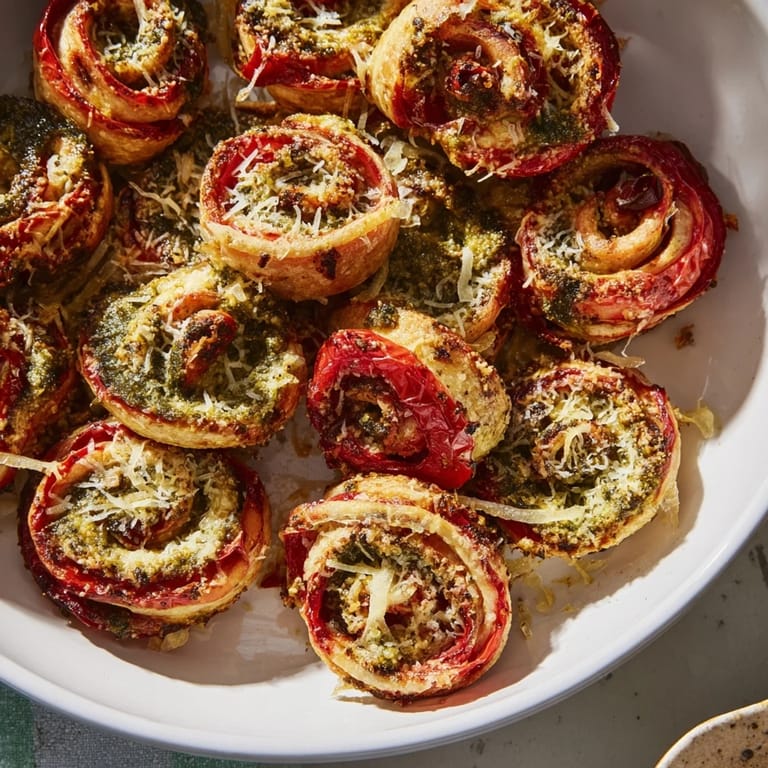 Close-up of baked Savory Palmiers showing flaky layers and a filling of sun-dried tomatoes and pesto.