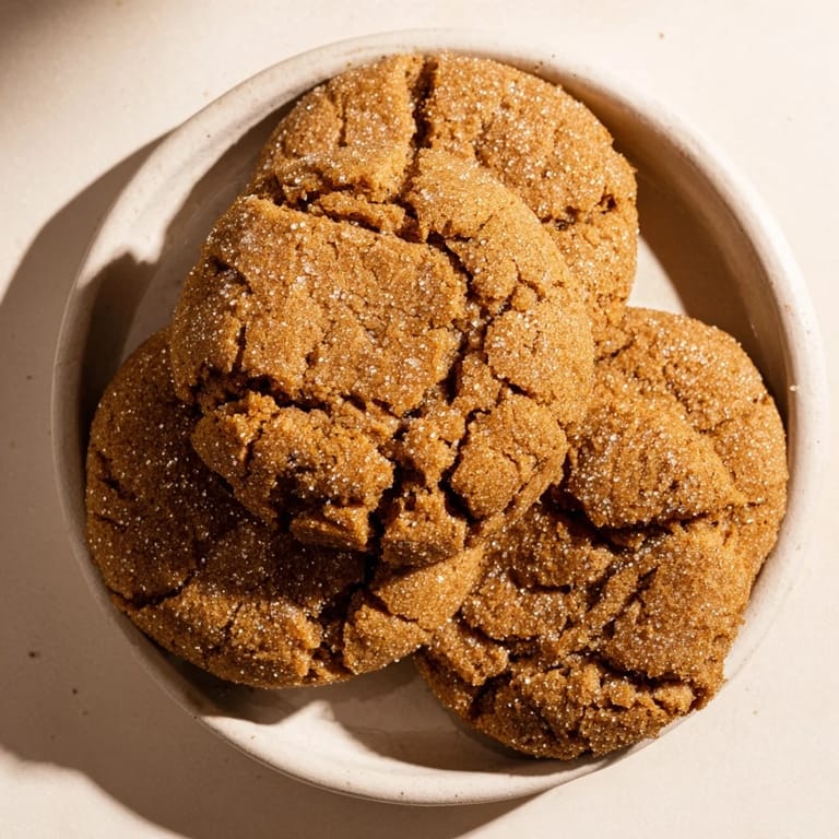 Golden, glistening soft-baked ginger and molasses cookies, offering the inviting aroma of warm spices fresh from the oven.