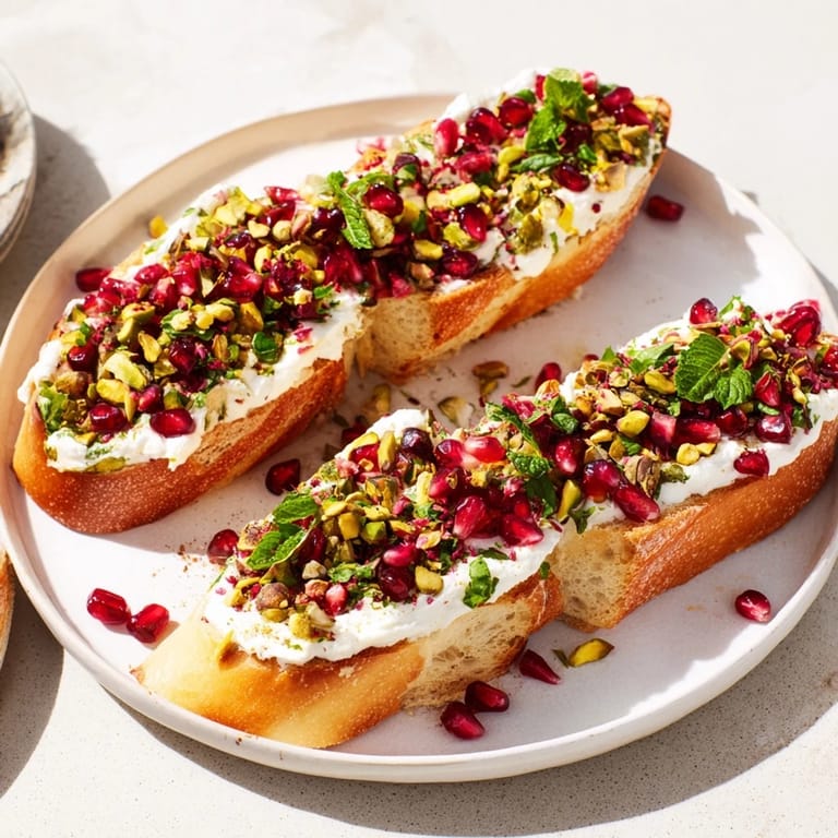 Close-up shot shows the delicious layers of Festive Pomegranate and Goat Cheese Crostini—a delightful holiday appetizer.