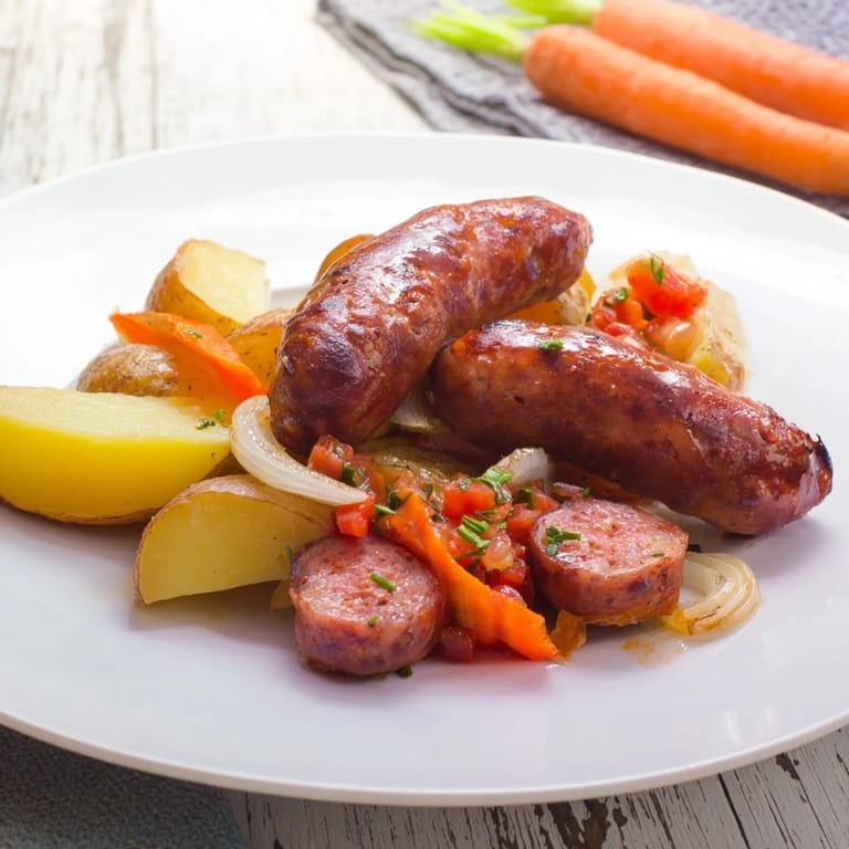 A flavorful close-up of the delicious All-in-One Pan Sausage and Cabbage Bake, fresh from the oven, ready to serve.