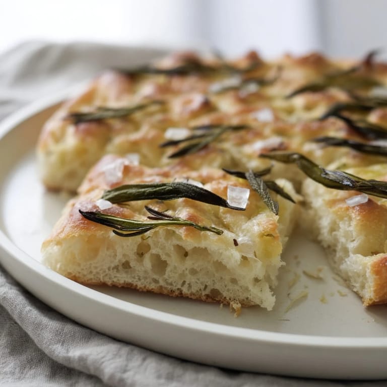 Freshly baked Simple Homemade Focaccia, topped with glistening olive oil, fragrant rosemary, and flaky sea salt.