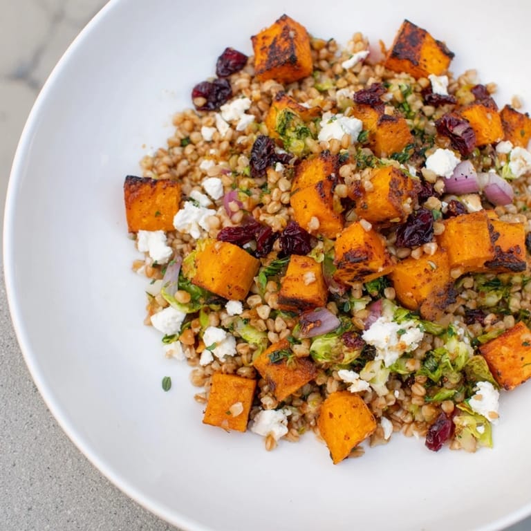 Hearty Harvest Grain Bowl includes sweet roasted pumpkin, kale, and flavorful farro for a comforting meal.