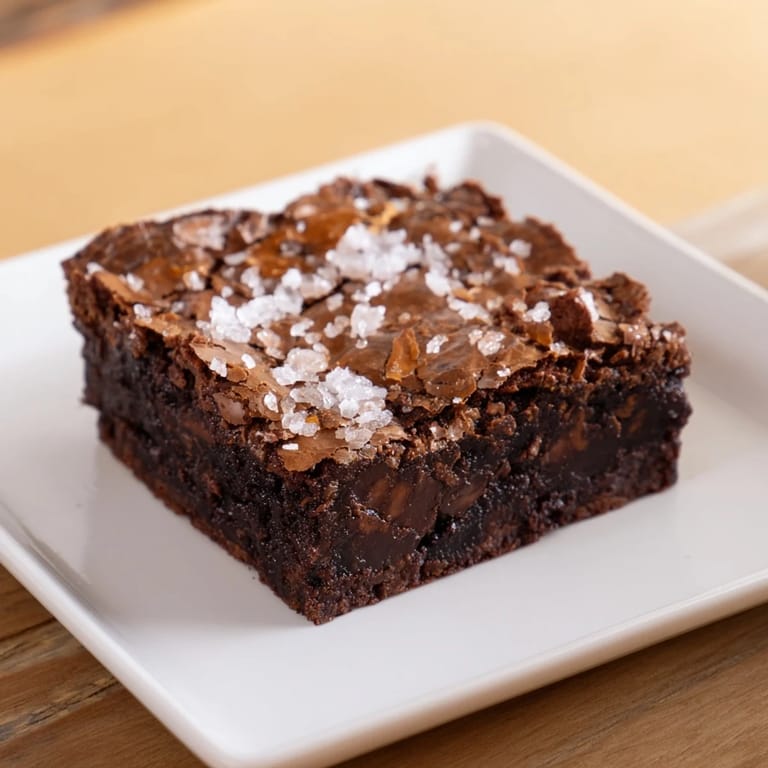 Fresh-baked homemade dark chocolate and sea salt brownies displaying a perfect crackly top, delicious!