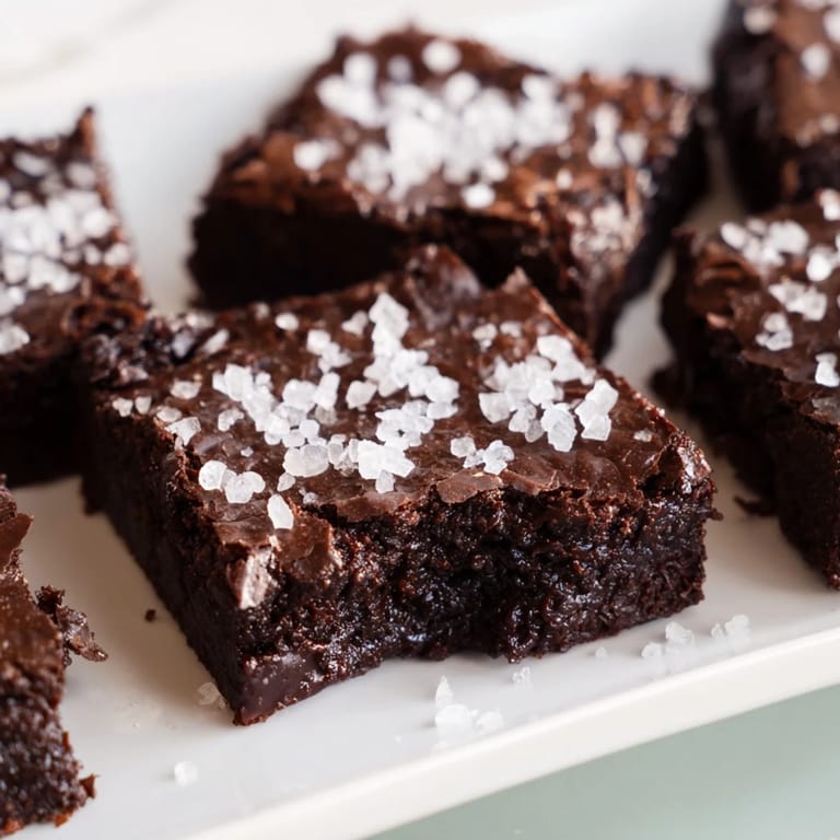 Warm, rich homemade dark chocolate and sea salt brownies, perfect with a scoop of vanilla ice cream.
