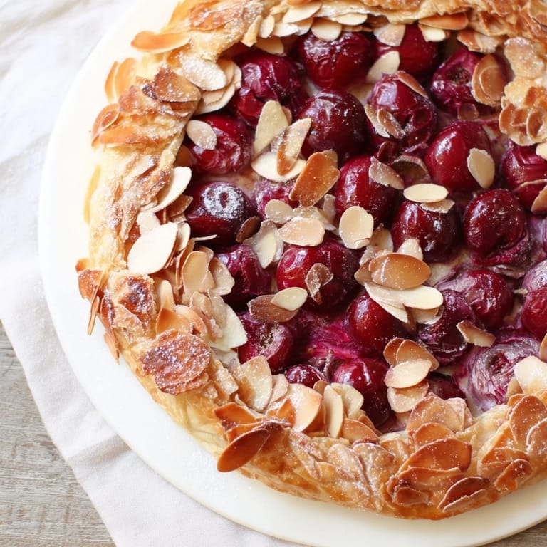 A close-up of a perfectly baked Rustic Cherry and Vanilla Almond Galette showing a crispy almond-studded crust.