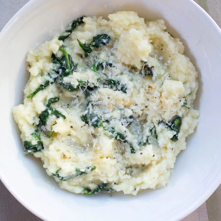 Spoonful of golden Creamy Spinach and Parmesan Mashed Potatoes, perfect with a sprinkle of cheese on top.