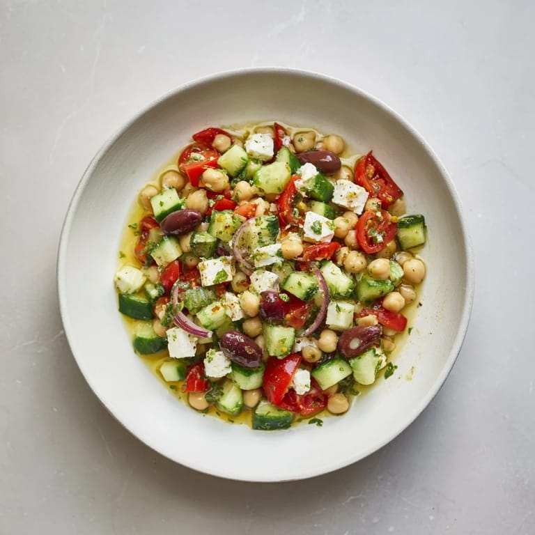 A colorful close-up of Fresh Mediterranean Salad, showcasing olives, tomatoes, and bright dressing.