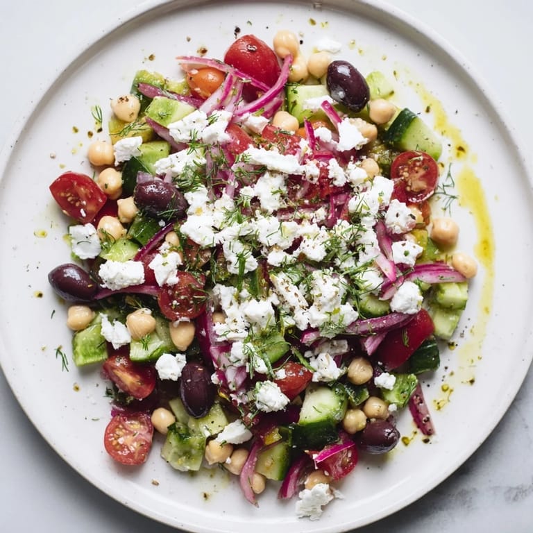Enjoy a vibrant bowl of Fresh Mediterranean Salad: perfect for a light lunch, so fresh!