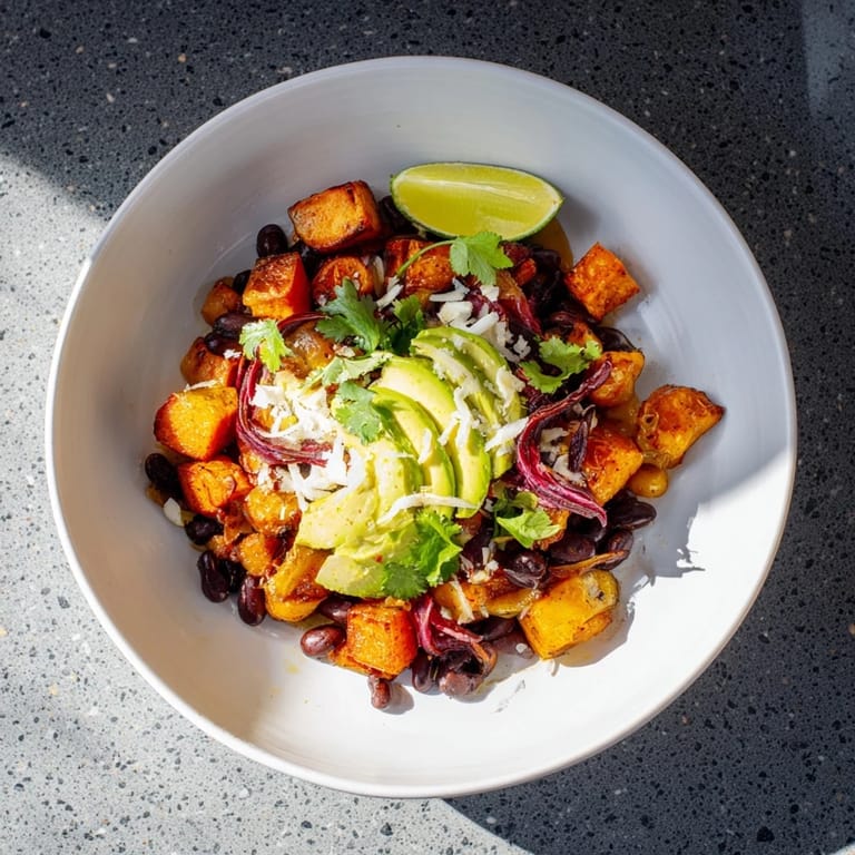 A close-up of fully assembled Quick Sweet Potato and Black Bean Tacos, appealing with fresh vegetable elements.