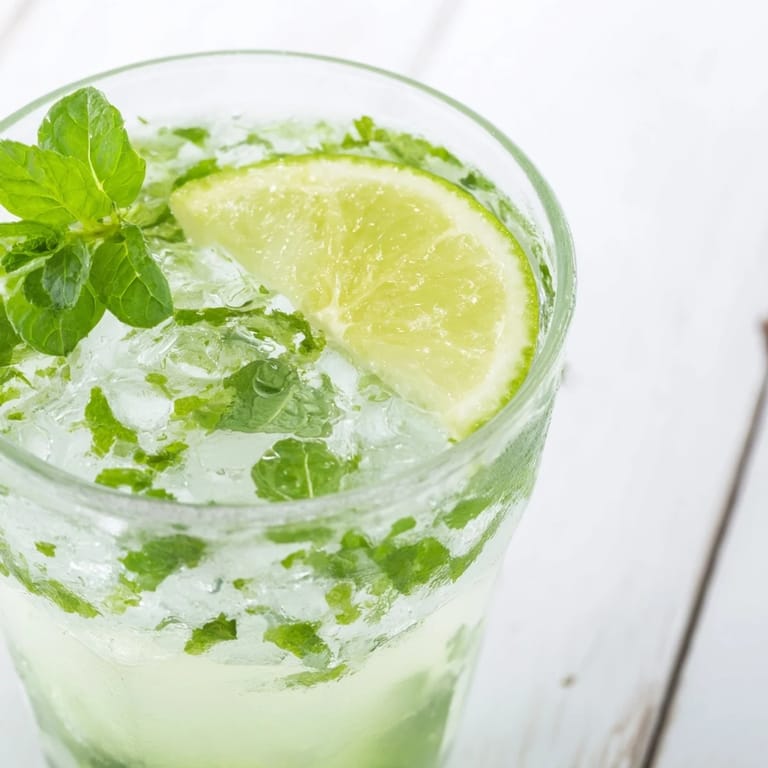 A close-up of a glass of Mint Lime Agua Fresca, a flavorful Mexican drink with ice.