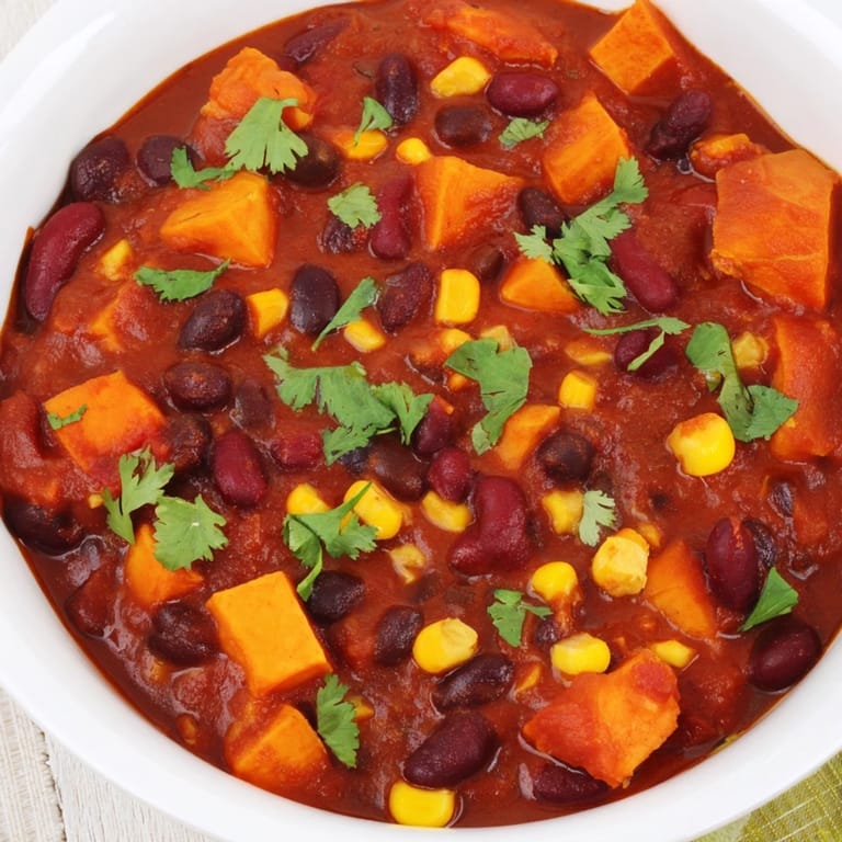 A close-up shot of rich, dark Smoky Sweet Potato Chili, perfectly garnished with fresh cilantro.