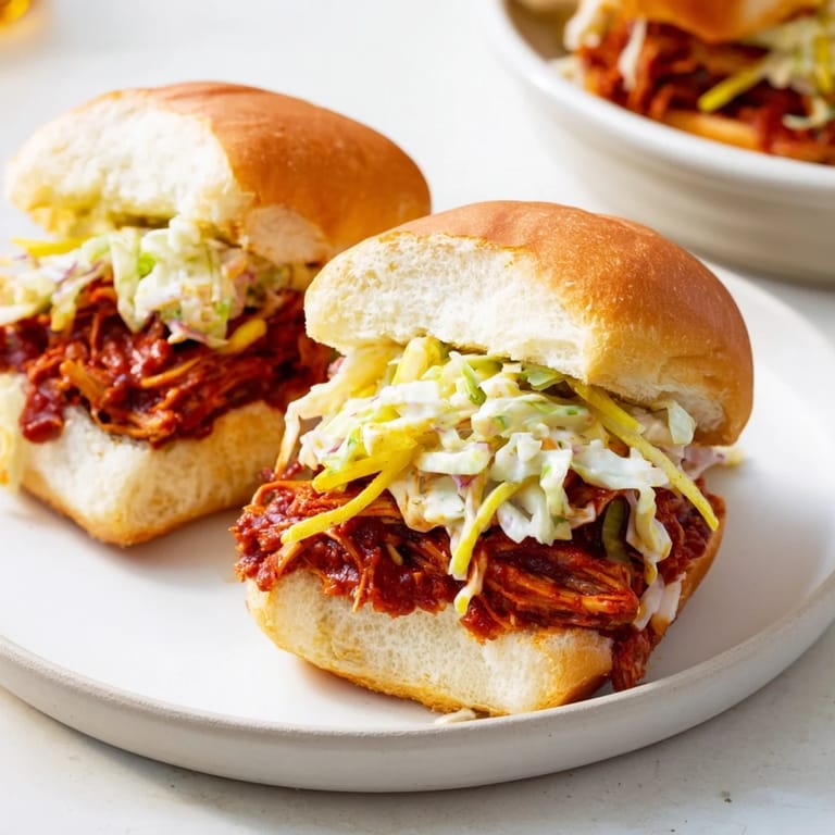 Warm, smoky BBQ jackfruit sliders ready to enjoy, with a side of creamy, crisp coleslaw and soft buns.