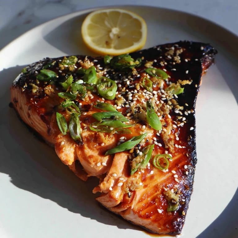 Perfectly cooked Ginger Soy Glazed Salmon showcased with a rich, glossy ginger-soy sauce drizzle.