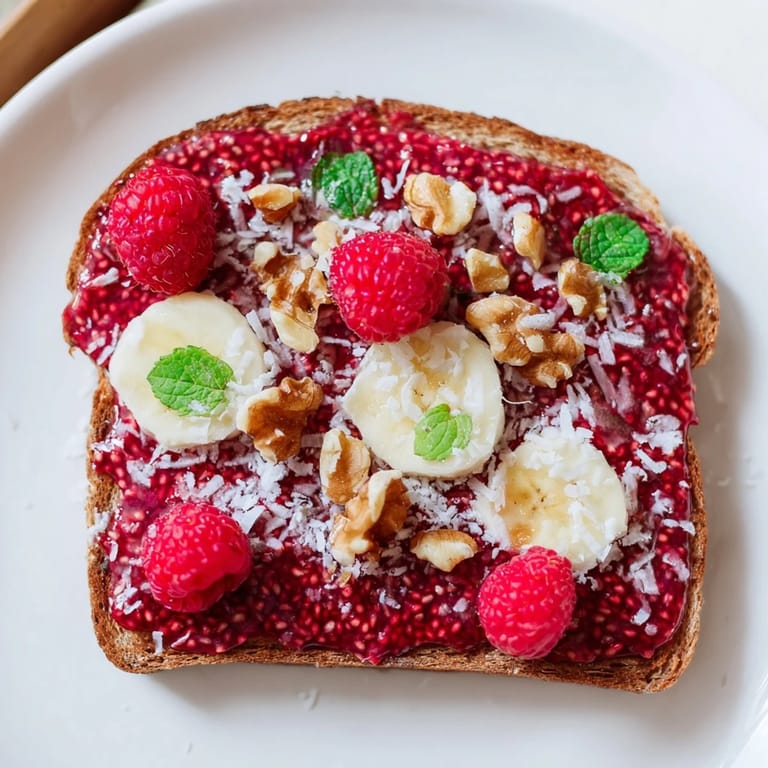 Enjoy the bright, sweet taste of raspberry chia jam on toast, garnished with fresh berries!