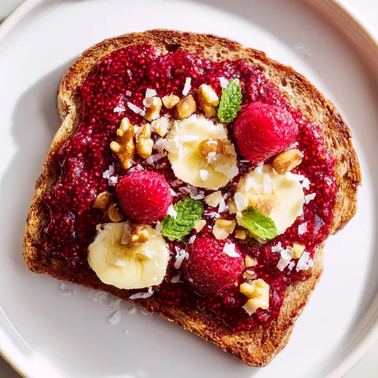 Perfectly toasted bread topped with homemade raspberry chia jam, a quick and easy breakfast or snack.