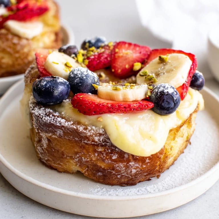 Creamy yogurt custard filling baked into Viral Yogurt Toast, topped with sweet berries ready to eat.