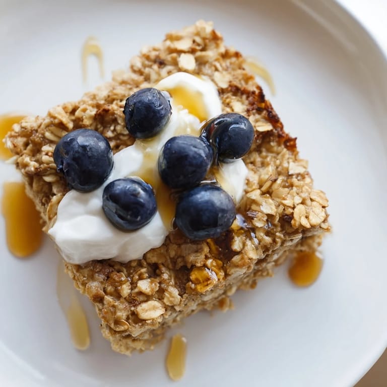 This image shows a baked pan of Protein Pancake Oats, a hearty and protein-packed breakfast treat.