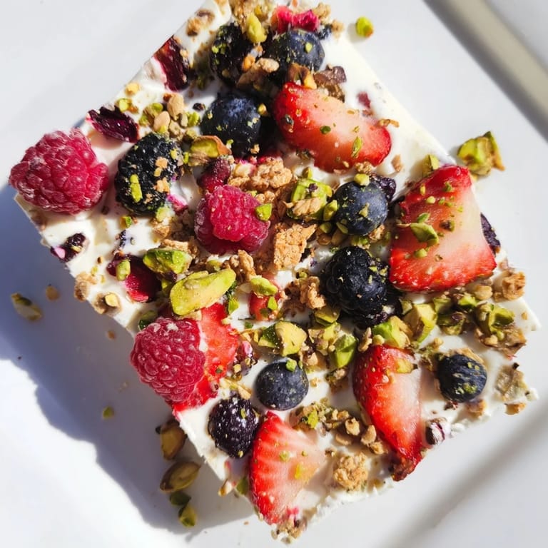 Homemade frozen fruit yogurt bark, beautifully layered with fresh berries, perfect for a snack.
