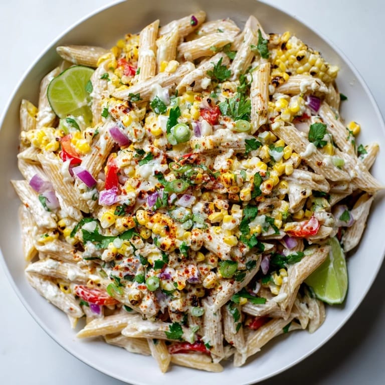 Bright and flavorful Mexican Street Corn Pasta salad, perfect for a summer gathering beside grilled entrees.