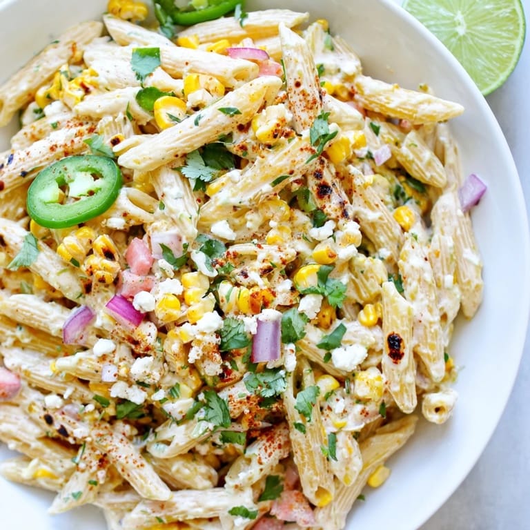 Cool bowl of Mexican Street Corn Pasta, featuring roasted corn kernels and crumbled cotija cheese.