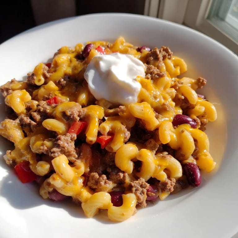 Enjoy a close-up of cheesy One-Pot Chili Mac, a comforting and flavorful family meal.