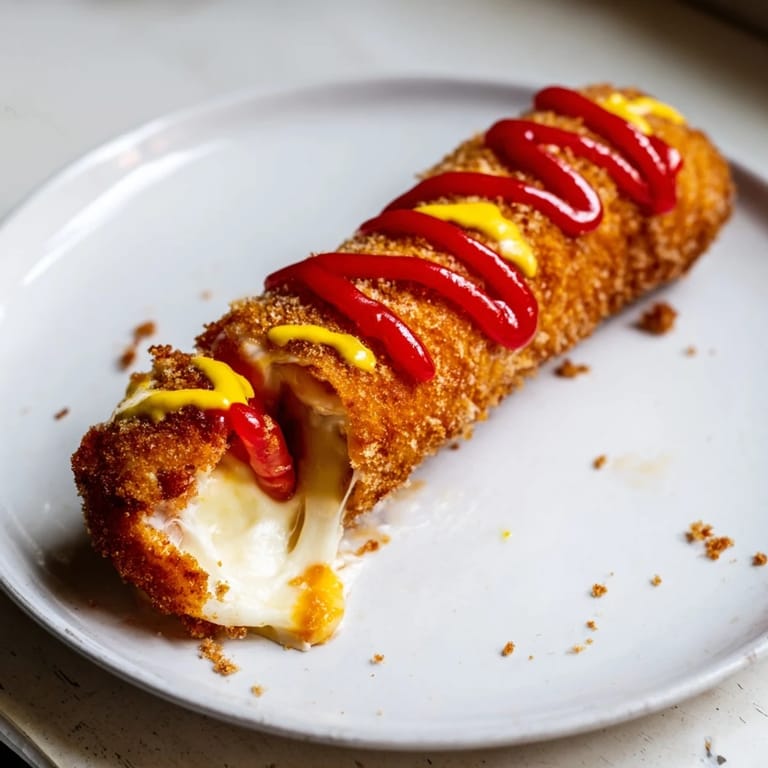 Freshly fried Cheesy Korean Corn Dogs boasting a perfectly crunchy, textured exterior and stretchy cheese.